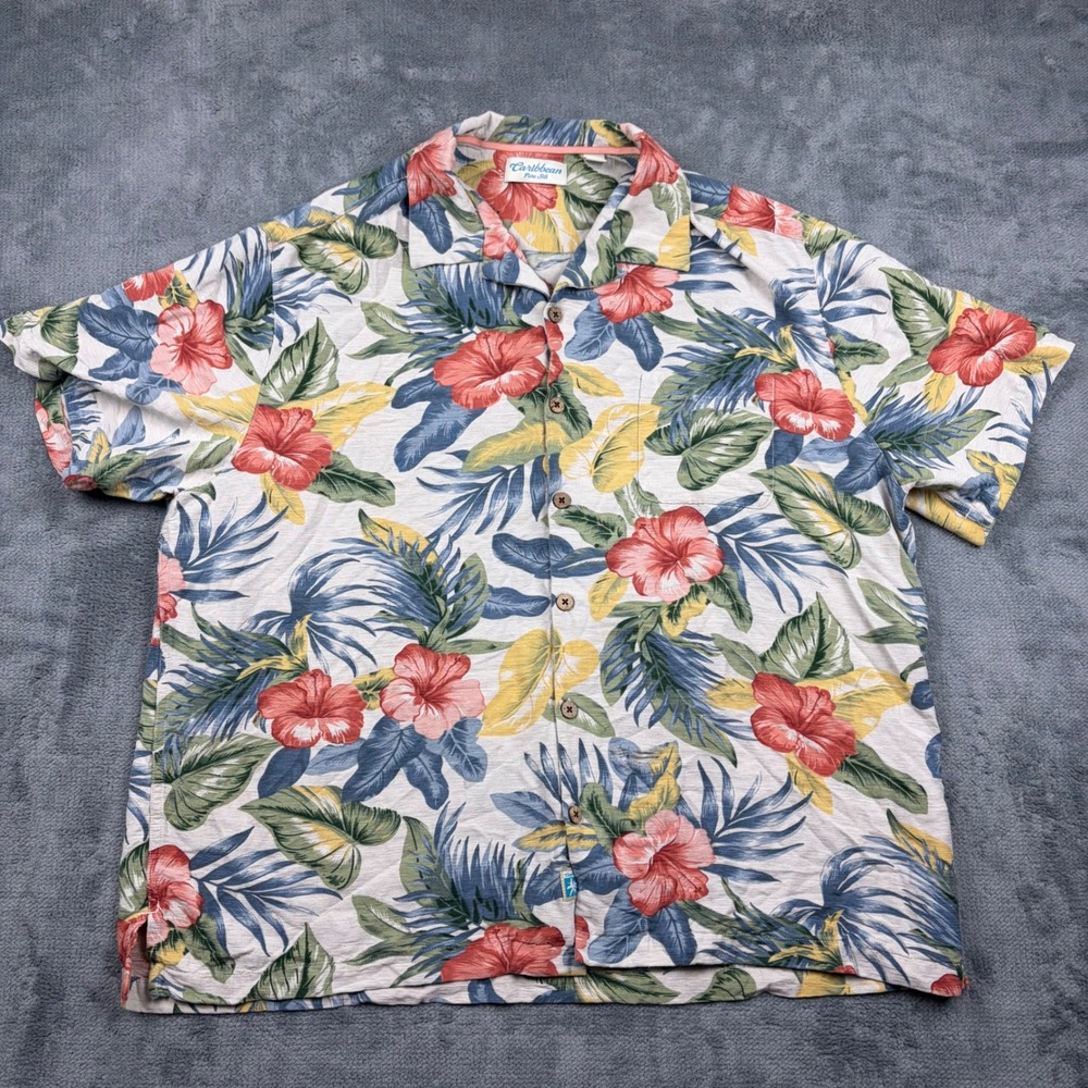 Caribbean Pure Silk Mens XL Floral Hibiscus Tropical Camp Shirt Short Sleeve
